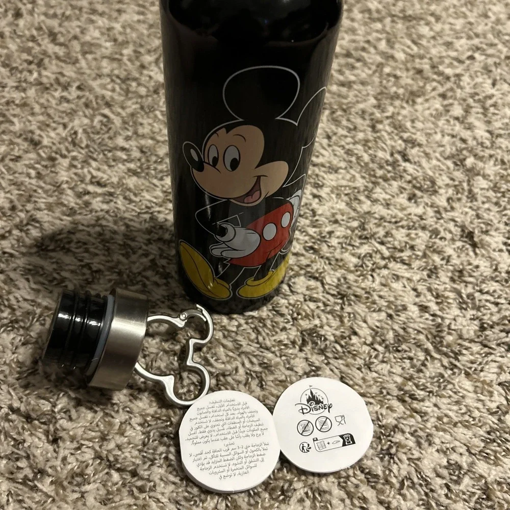 Disney Mickey Mouse Stainless Steel Water Bottle Mickey Ears Carabiner Clip New